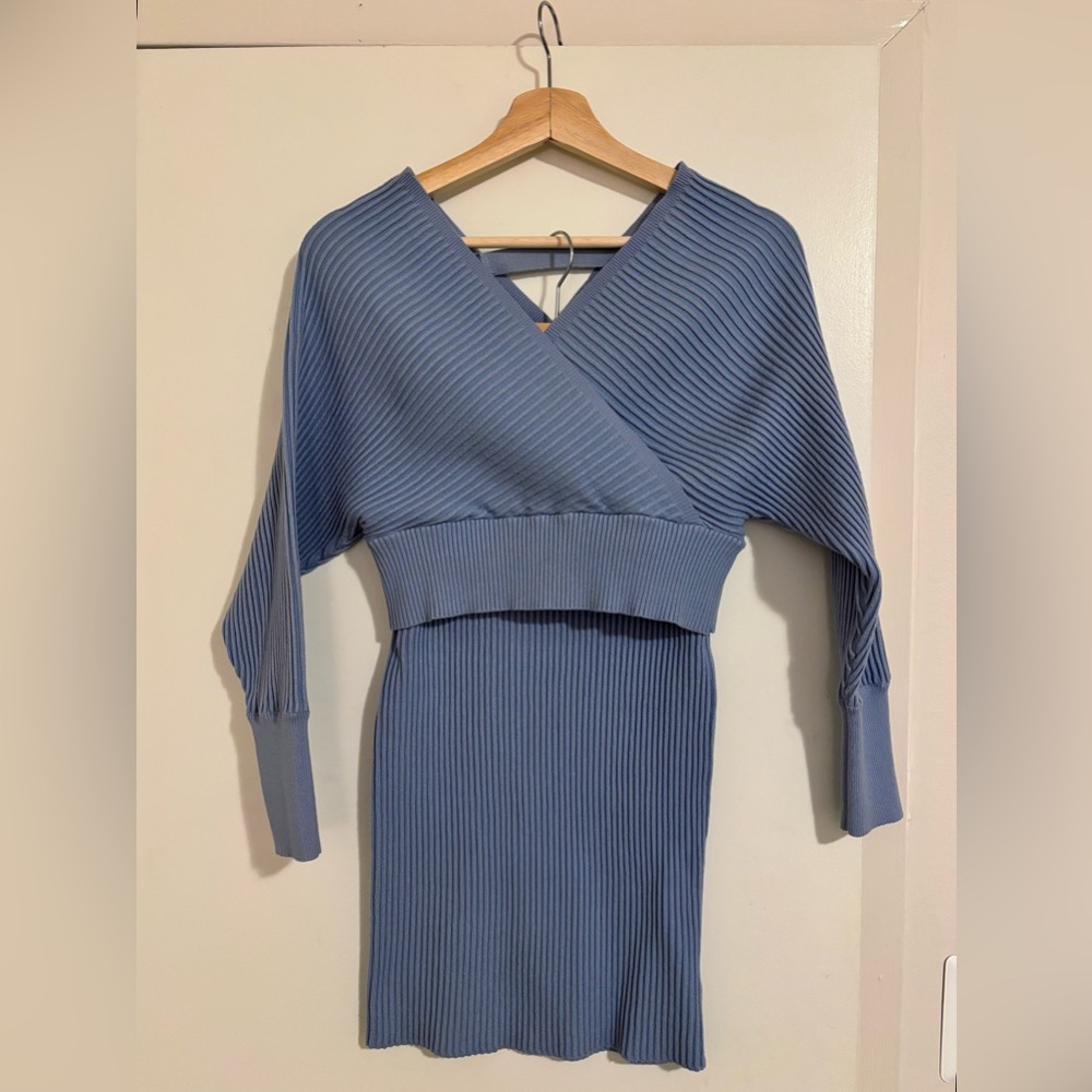 Two-Piece Light Blue Ribbed Knit Sweater Skirt Set